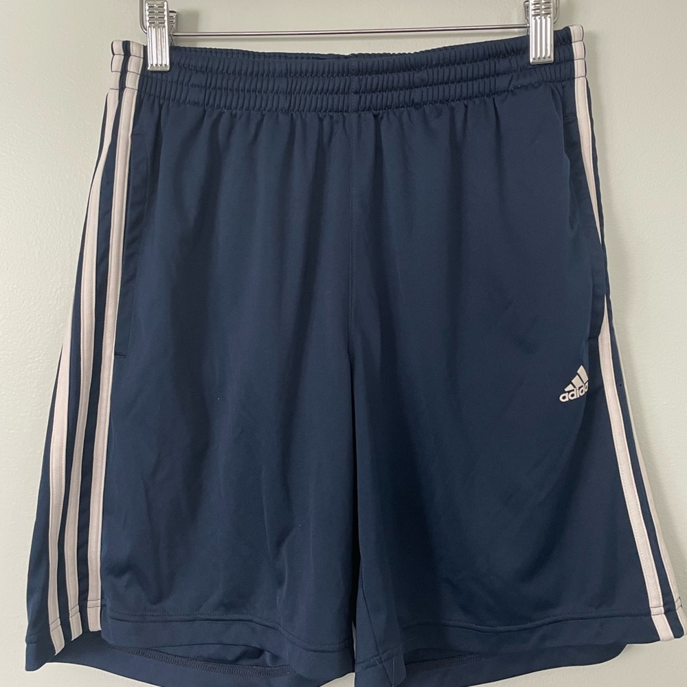 Adidas Men's Navy Blue Athletic Shorts with White Stripes Size S